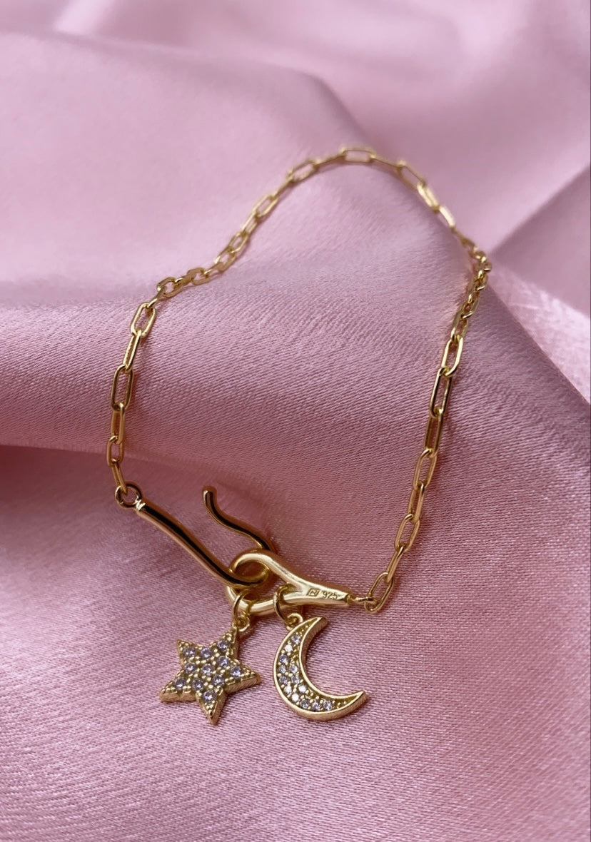 Cubic Zirconia Moon & Star Hook Clasp Charm Bracelet
