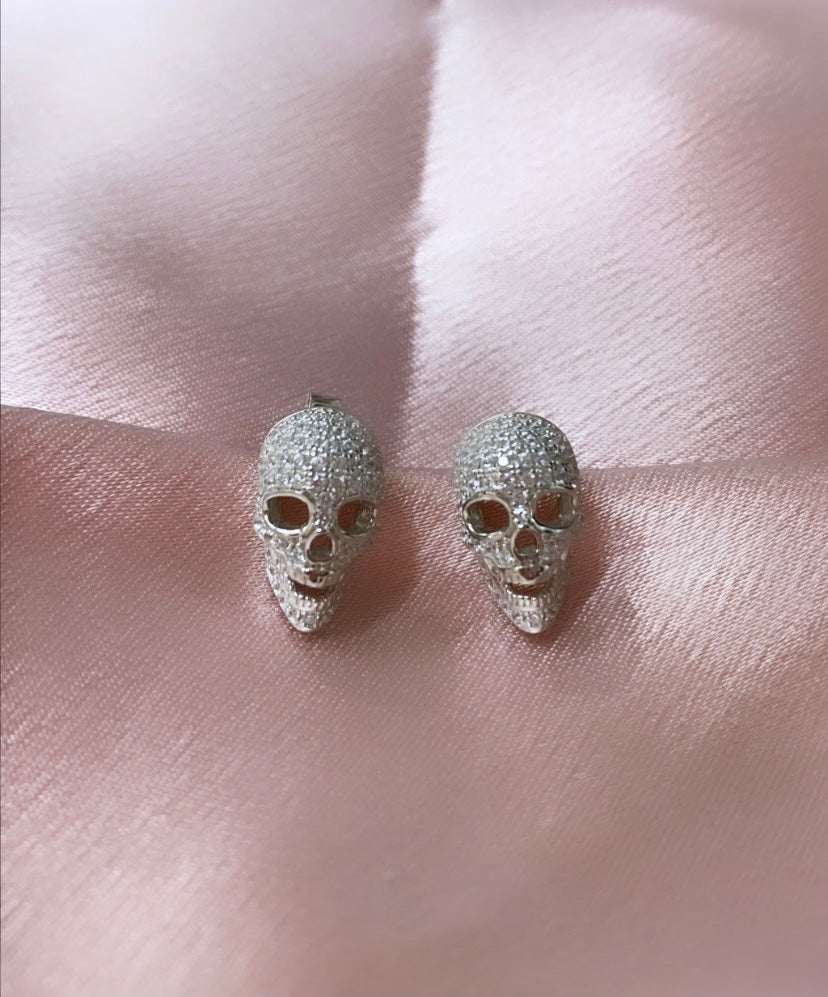 Sterling Silver Skull Post Earrings Cubic Zirconias
