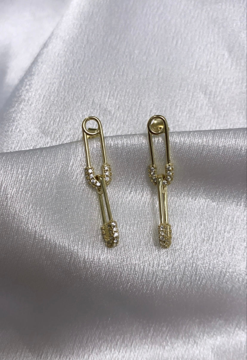 14k Gold Plated Dangle Safety Pin with Cubic Zirconias Earrings