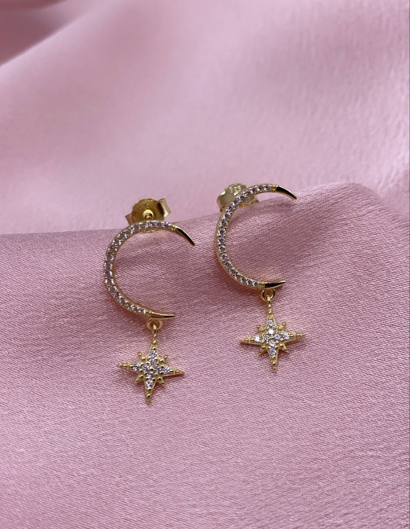 Sterling Silver Crescent Star Dangle Earrings