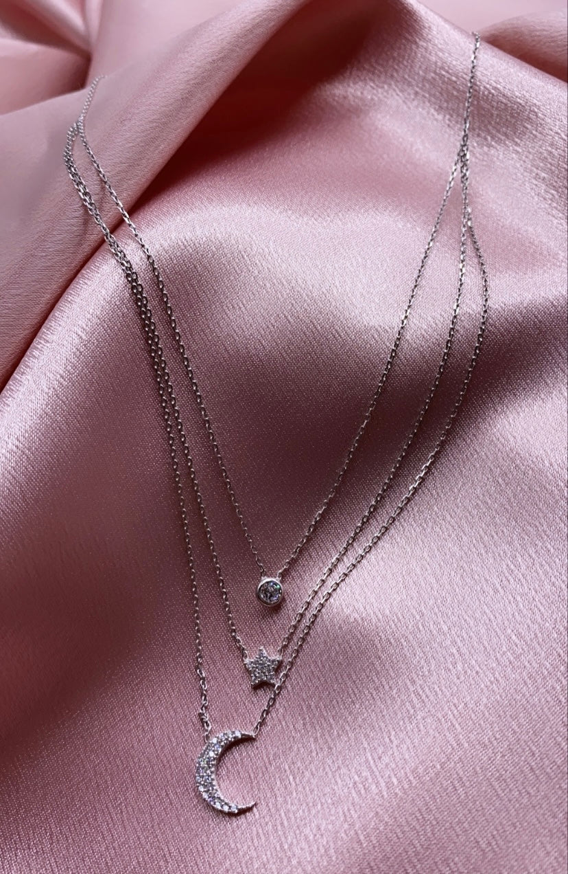 Sterling Silver Celestial Station Triple Layered Necklace