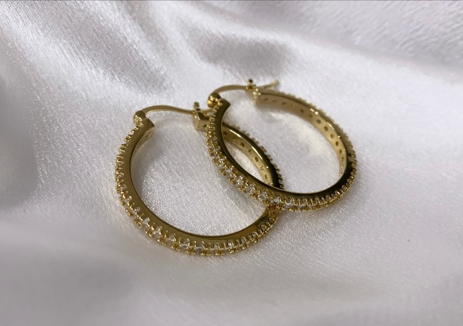 14k Gold Plated Sterling Silver Medium Diamond Hoop Earrings