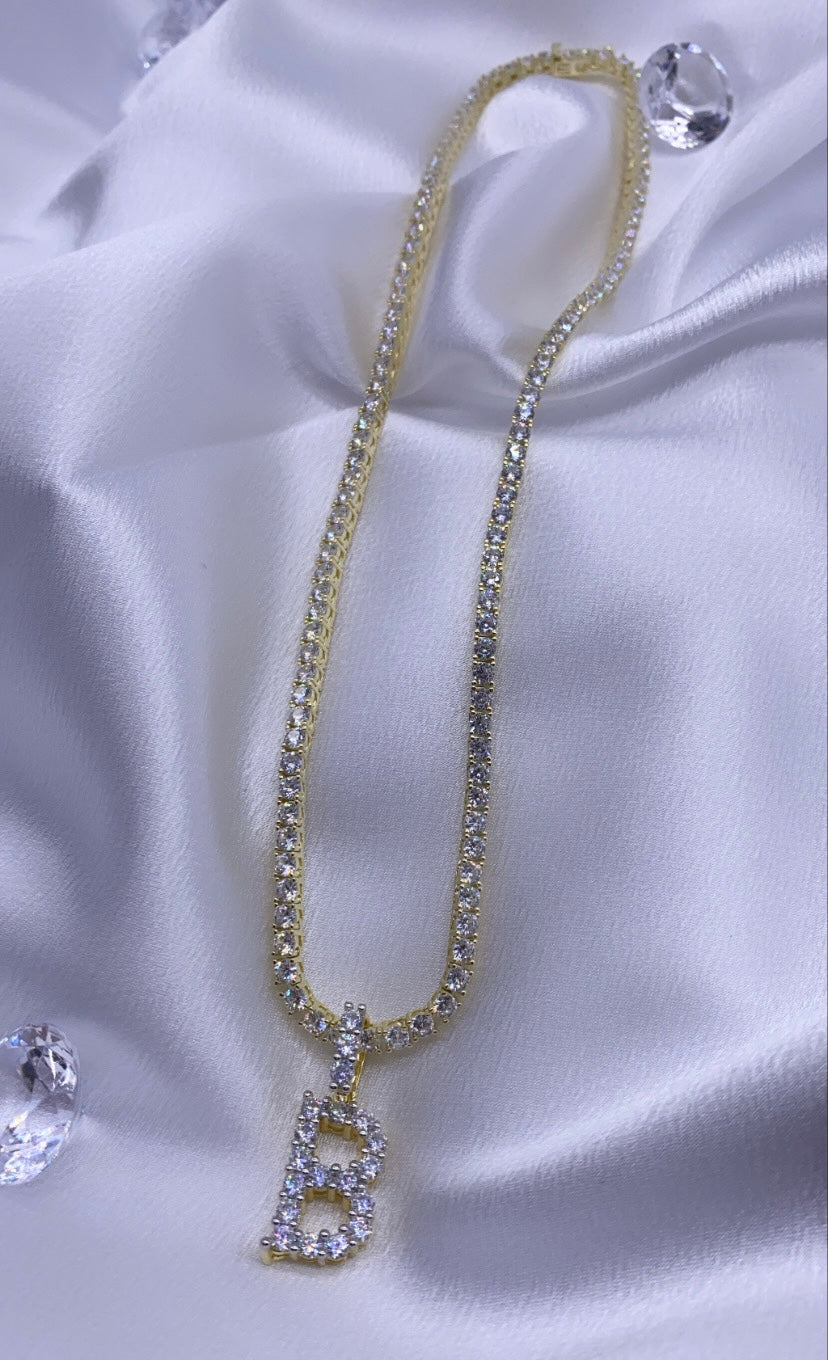Iced Out Initial Tennis Chain 14k Gold Plated over Sterling Silver 3 mm