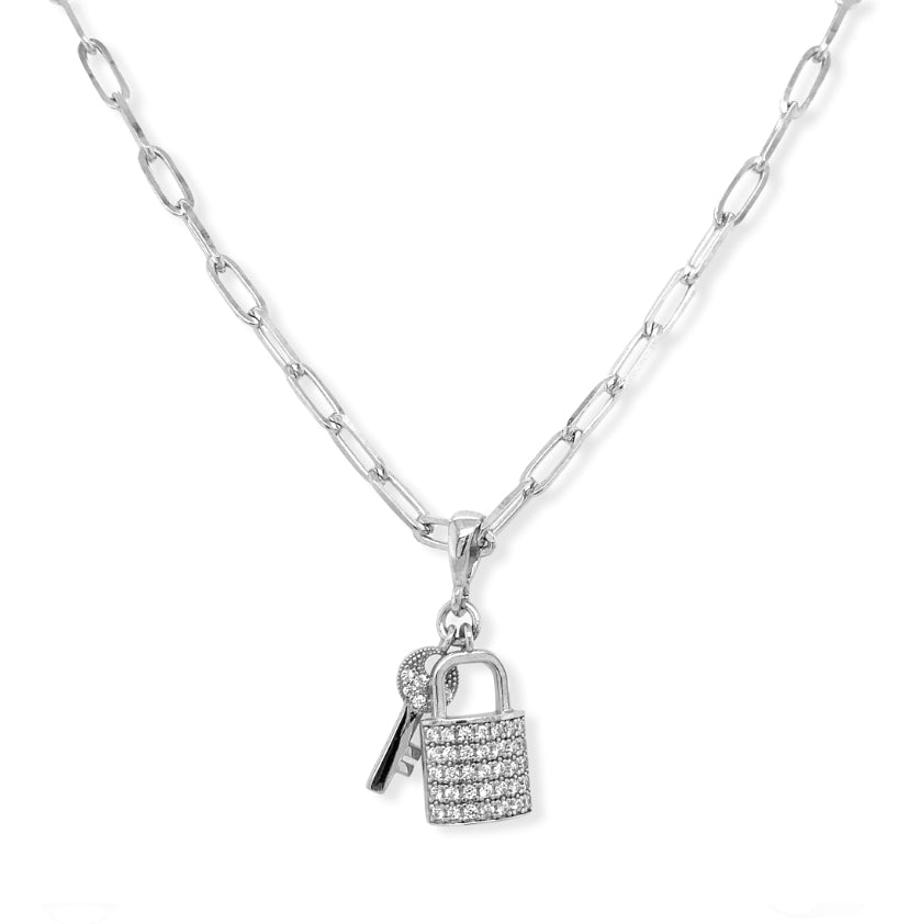 Sterling Silver Lock Key Pendant Paperclip Chain