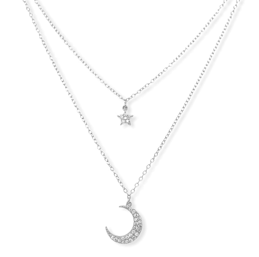 Sterling Silver CZ Star and Moon 2in ext Necklace