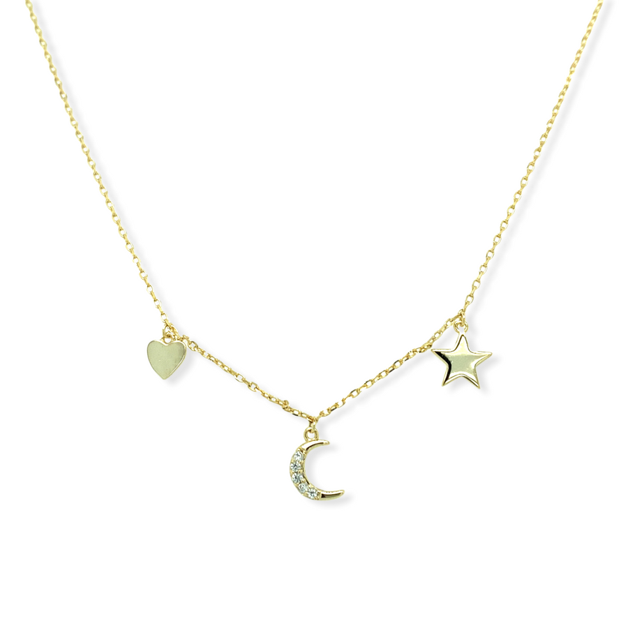 Dainty Dangle Heart, Moon & Star Necklace