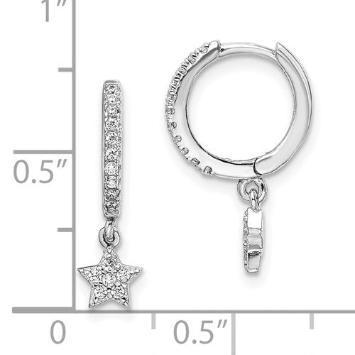 Sterling Silver Rhodium-Plated CZ Hoops with Star Dangle Earrings