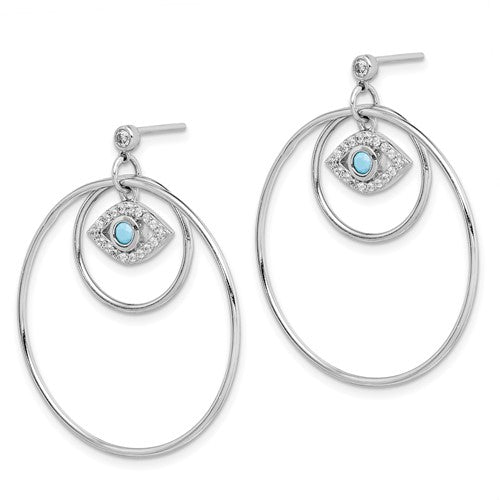 Sterling Silver Rhodium-plated Hoop with CZ and Blue Crystal Eye Earrings
