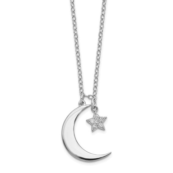 Sterling Silver Rhodium-Plated CZ Star and Moon with 2in Ext. Necklace