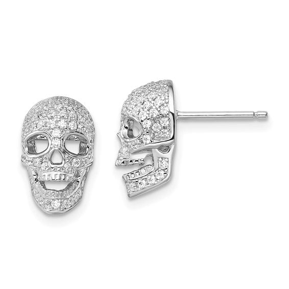 Sterling Silver Skull Post Earrings Cubic Zirconias