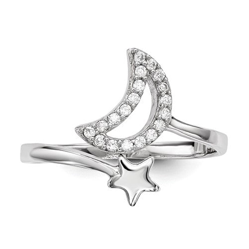 Sterling Silver Rhodium-plated CZ Moon and Star Twisted Ring