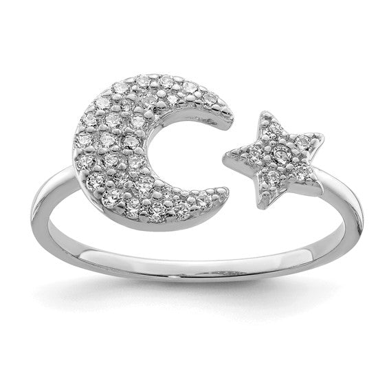 Sterling Silver CZ Star and Moon Ring