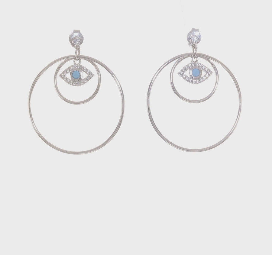 Sterling Silver Rhodium-plated Hoop with CZ and Blue Crystal Eye Earrings